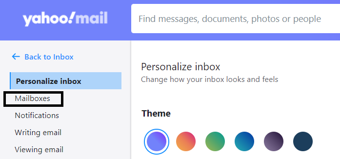 Mailboxes option in Yahoo email