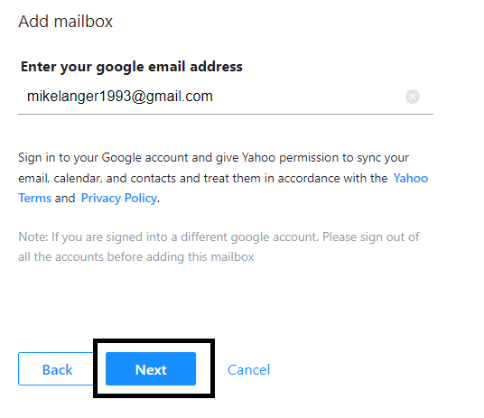 Add an email with primary Yahoo email