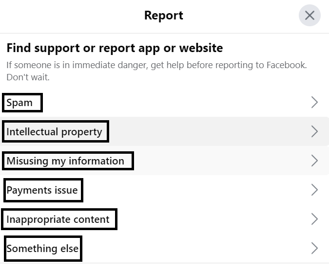 Reasons for reporting an app or game on Facebook