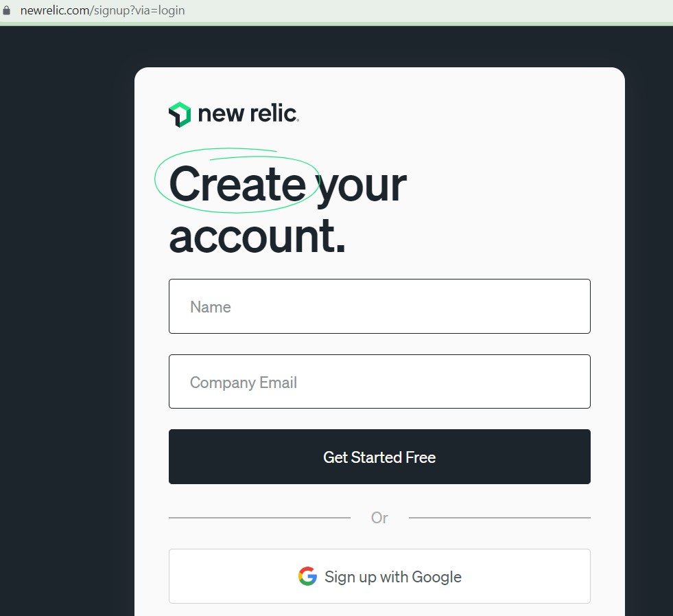 sign up for a new relic account