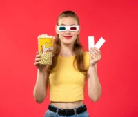 young female at cinema holding popcorn package and tickets