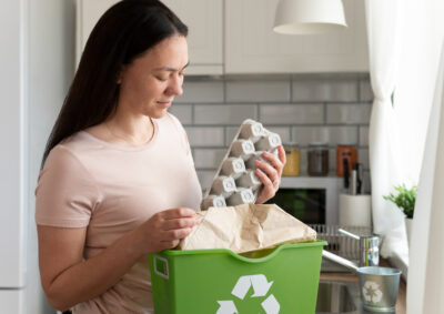 Woman holding egg carton on dustbin