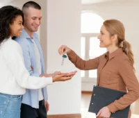 Female realtor handing couple the keys to their new home